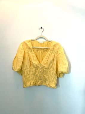 Frame Denim Sunny Yellow Puff-Sleeve Button Blouse